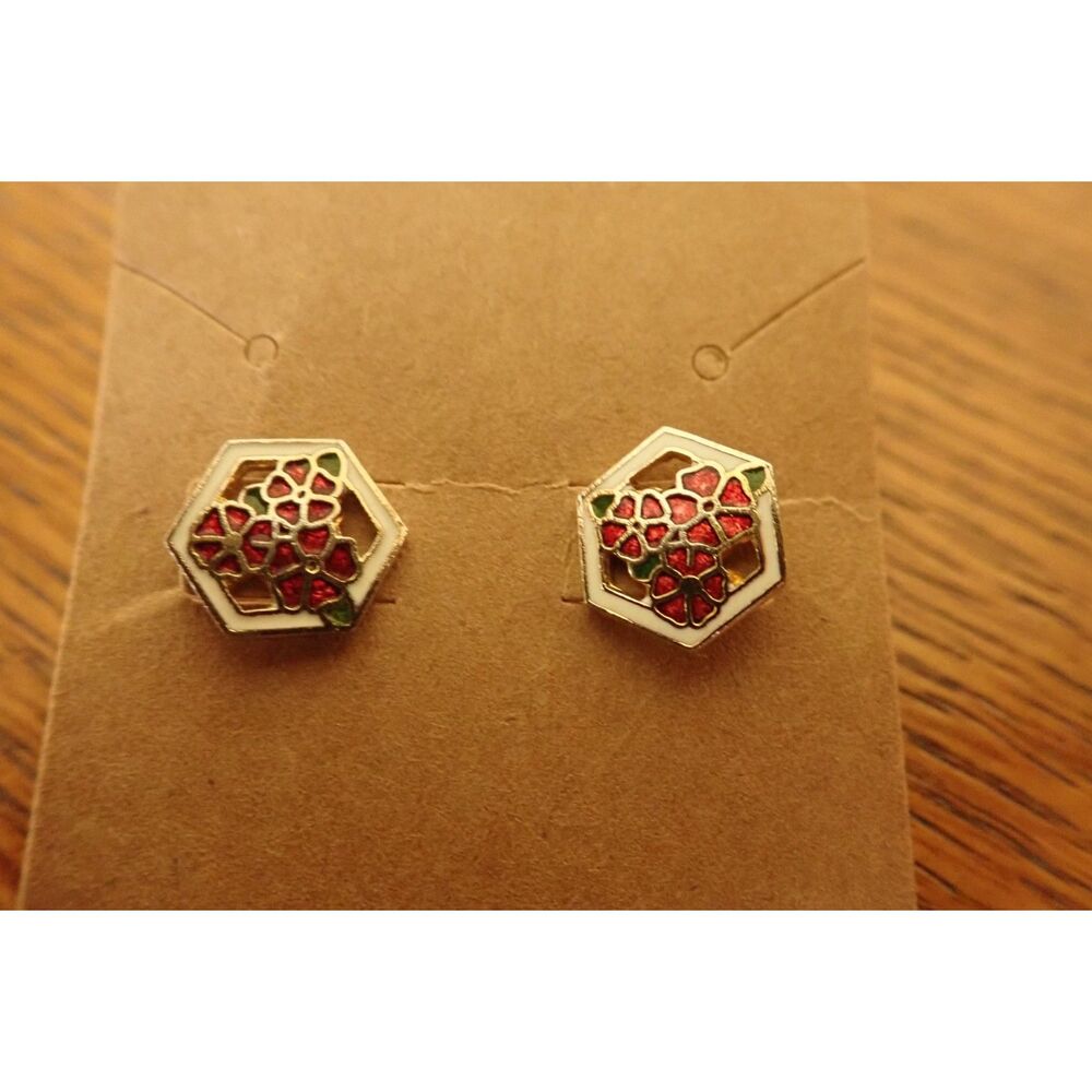 Cloisonne Earrings Gold Enamel Carved Floral Art Deco Jewelry Vintage Flower